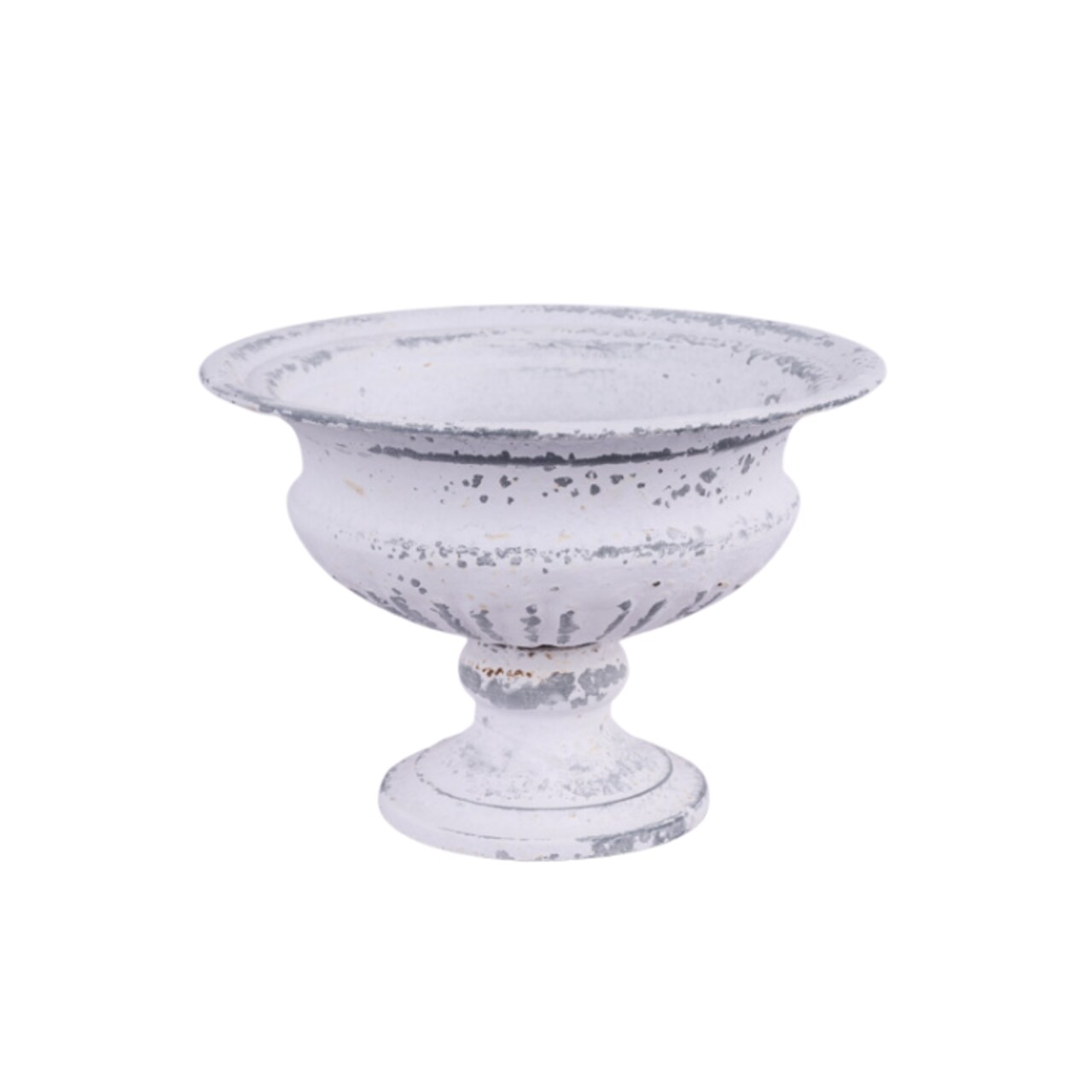 Antique White Tin Compote Vase | 5.25" Distressed Pedestal Bowl for Floral Decor-KE263552